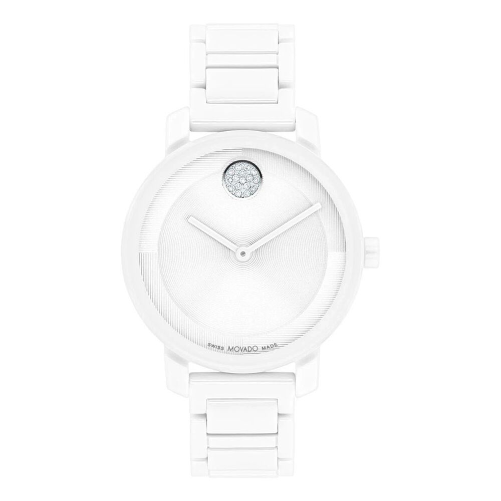 Movado Bold Women's White Ceramic Watch Diamond Dot 34mm